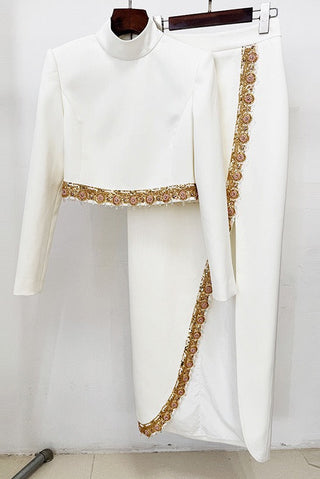 High-Neck Embellished Two-Piece Bridal Set with Long Sleeve Crop Top and Slit Maxi Skirt