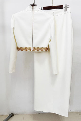 High-Neck Embellished Two-Piece Bridal Set with Long Sleeve Crop Top and Slit Maxi Skirt