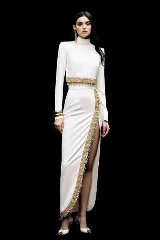 High-Neck Embellished Two-Piece Bridal Set with Long Sleeve Crop Top and Slit Maxi Skirt