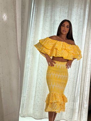 Embroidered Off Shoulder Crop   Ruffled Halfway  Set