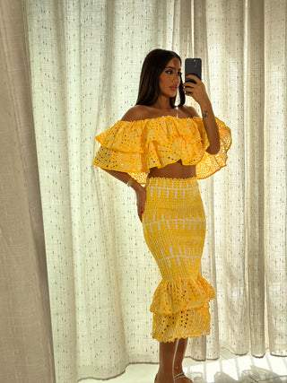 Embroidered Off Shoulder Crop   Ruffled Halfway  Set