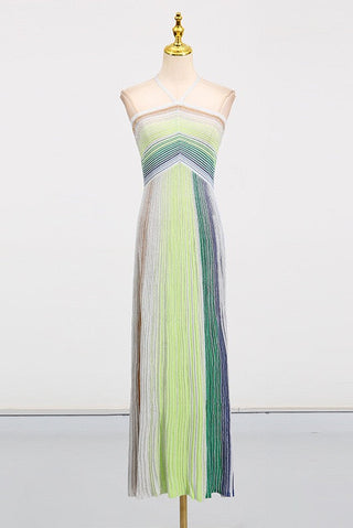 Halter Neck Contrast Stripe Pleated Long Dress