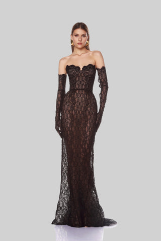 Elegant Black Lace Strapless Corset Long Dress with Sheer Fishtail Skirt and Matching Opera Gloves