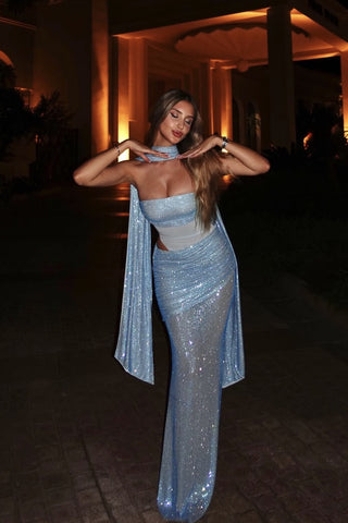 Strapless Sparkle Mesh Long Dress with Cut-Out Waist and Draped Scarf Detail