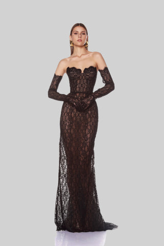 Elegant Black Lace Strapless Corset Long Dress with Sheer Fishtail Skirt and Matching Opera Gloves