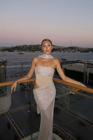 Strapless Sparkle Mesh Long Dress with Cut-Out Waist and Draped Scarf Detail