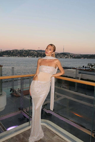 Strapless Sparkle Mesh Long Dress with Cut-Out Waist and Draped Scarf Detail