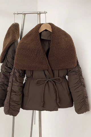 Belted Puffer Jacket with Oversized Faux Shearling Collar – One Size