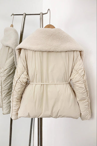Belted Puffer Jacket with Oversized Faux Shearling Collar – One Size