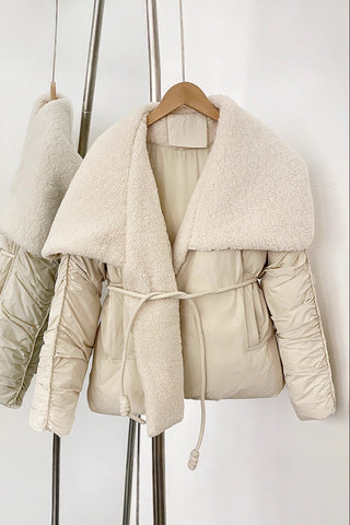 Belted Puffer Jacket with Oversized Faux Shearling Collar – One Size