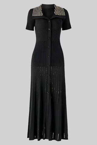 Short Sleeve Pearl Collar Ribbed Knit Midi Dress – Button Front