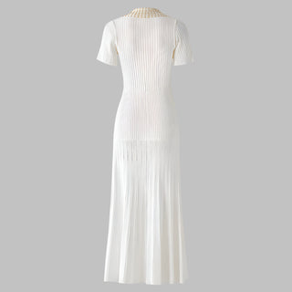 Short Sleeve Pearl Collar Ribbed Knit Midi Dress – Button Front