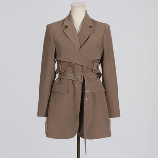 Belted Mid-Length Suit Long Sleeve Jacket