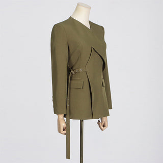 Long Sleeve V-Neck Suit Jacket with Belt