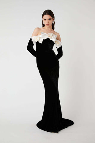 Elegant Off-Shoulder Long Velvet Evening Dress with Floral Details