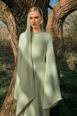 Pearl Trim Minimal Design Dress – Chiffon Material, Long Flared Sleeves