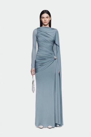 Classic Draped Fit Stretch Fabric Long Sleeve Dress