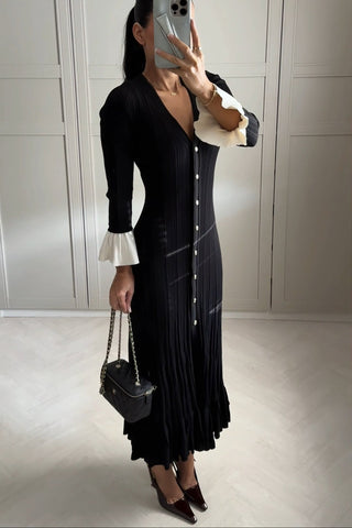 Cable-Knit Button-Front Long Dress with V-Neck and Flared Hem