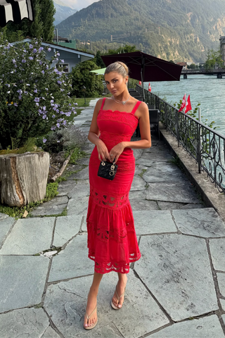Statement Lace Cutwork Belted Tiered Long Dress