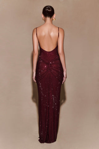 Hot Diamond Sparkle Bodycon Long Dress with Sculpted Pleats and Backless Cut