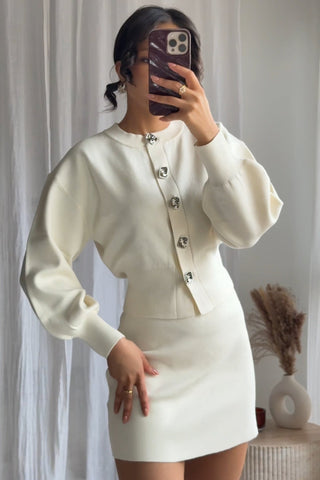 Ivory Knitted Cardigan and Mini Skirt Set with Statement Silver Buttons