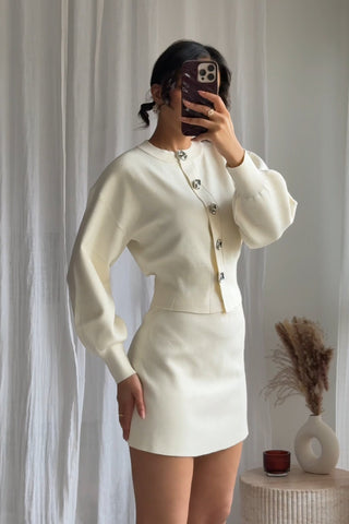 Ivory Knitted Cardigan and Mini Skirt Set with Statement Silver Buttons