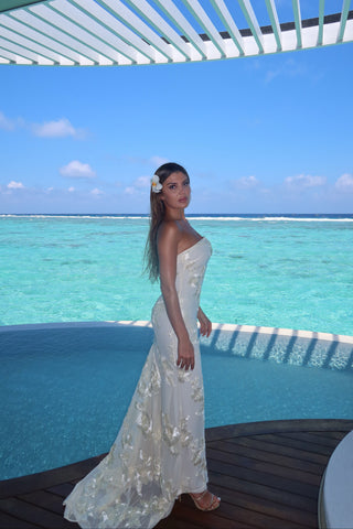 Strapless 3D Floral Mesh Gown with Train