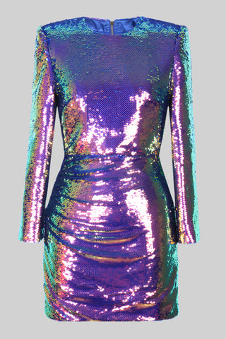 Long Sleeve Shiny Glow Sequin Mini Dress