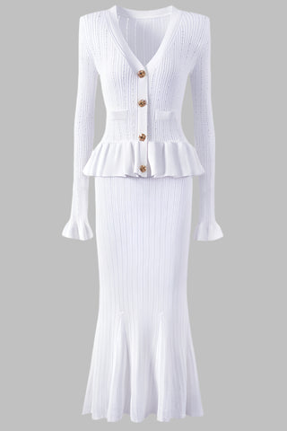 Knitted Long Midi Dress – Button-Up, Peplum Waist, Flared Long Sleeves