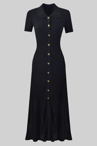 Knitted Button-Up Polo Collar Long Midi Dress – Short Sleeve