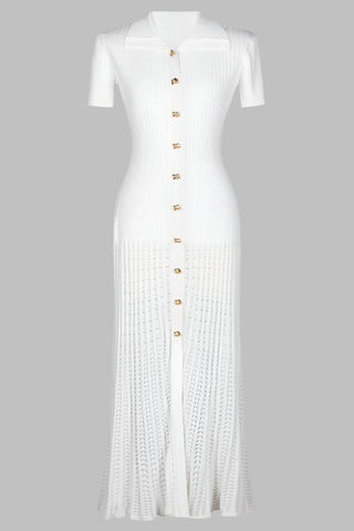 Knitted Button-Up Polo Collar Long Midi Dress – Short Sleeve