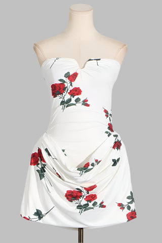 Strapless Bodycon Floral Print Draped Mini Dress