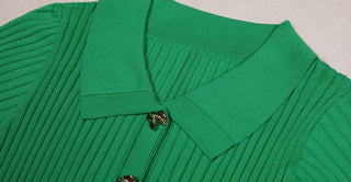 Knitted Button-Up Polo Collar Long Midi Dress – Short Sleeve