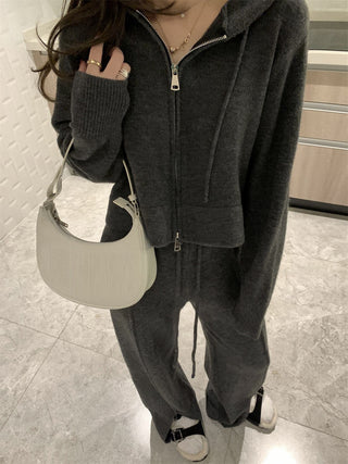Comfy Hooded Knitted Set: Zip-Up Sweater & High-Waist Split Wide Leg Pants