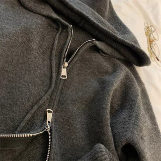 Comfy Hooded Knitted Set: Zip-Up Sweater & High-Waist Split Wide Leg Pants