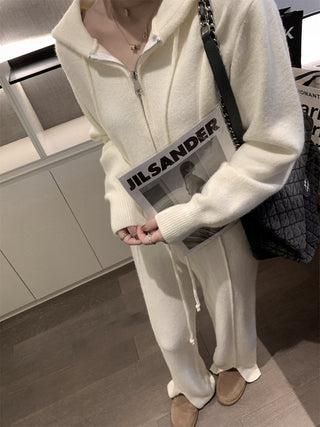 Comfy Hooded Knitted Set: Zip-Up Sweater & High-Waist Split Wide Leg Pants