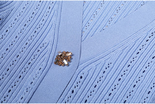 Knitted Long Midi Dress – Button-Up, Peplum Waist, Flared Long Sleeves