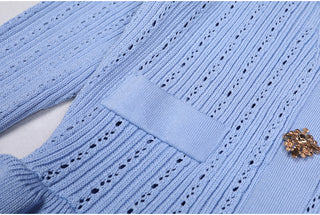 Knitted Long Midi Dress – Button-Up, Peplum Waist, Flared Long Sleeves