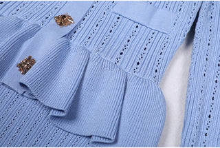 Knitted Long Midi Dress – Button-Up, Peplum Waist, Flared Long Sleeves