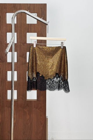 Crystal-Embellished Mesh Mini Skirt with Lace Trim