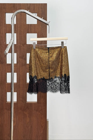 Crystal-Embellished Mesh Mini Skirt with Lace Trim