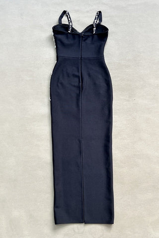 Black Rhinestone Embellished Bandage Bodycon Long  Dress – Sleeveless Strappy Slim Fit Party Dress