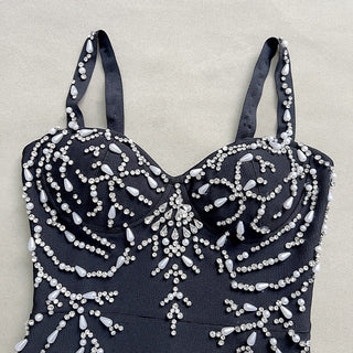 Black Rhinestone Embellished Bandage Bodycon Long  Dress – Sleeveless Strappy Slim Fit Party Dress