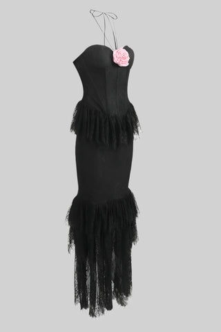 Strapless Lace Mermaid Long Dress with Ruffled Tiers and Pink Rose Detail