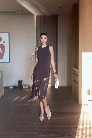 Tassel Gold Beads Slim Round Neck Sleeveless Knitted Long Dress