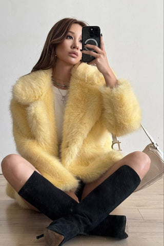 Plush Faux Fur Oversized Coat with Lapel Collar