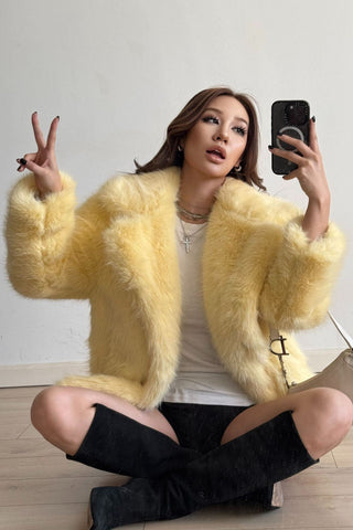 Plush Faux Fur Oversized Coat with Lapel Collar