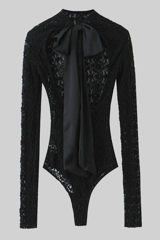 Black Floral Lace Long Sleeve Bodysuit with Satin Neck Bow