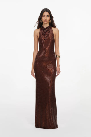 Embellished Cowl Neck Open Back Long Dress