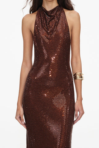Embellished Cowl Neck Open Back Long Dress